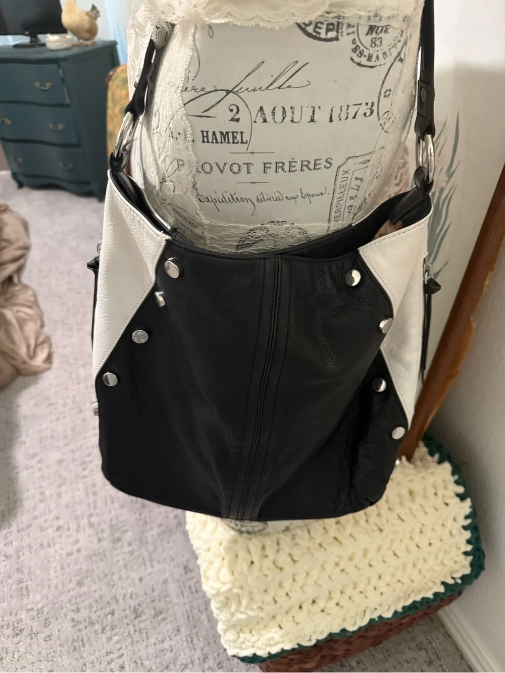 Black and White Studded Leather Hobo Bag by B Makowski